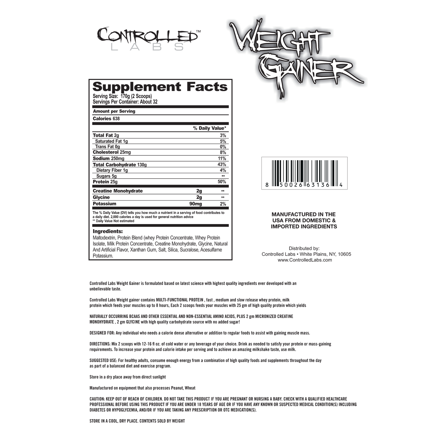 Weight Gainer Vanilla Supplement Facts