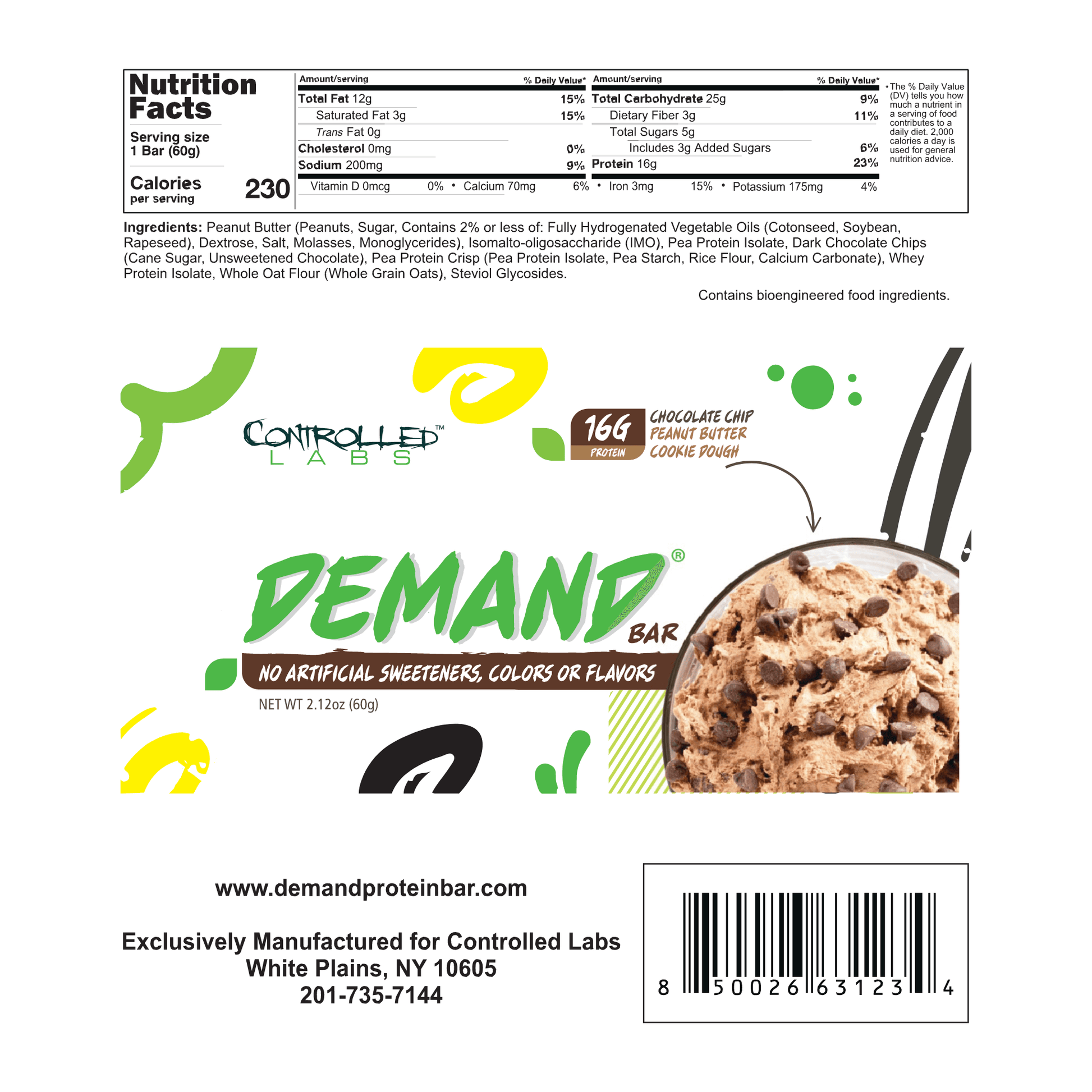 Controlled Labs Demand Protein Bar Chocolate Chip Peanut Butter Cookie Dough Nutrition Facts