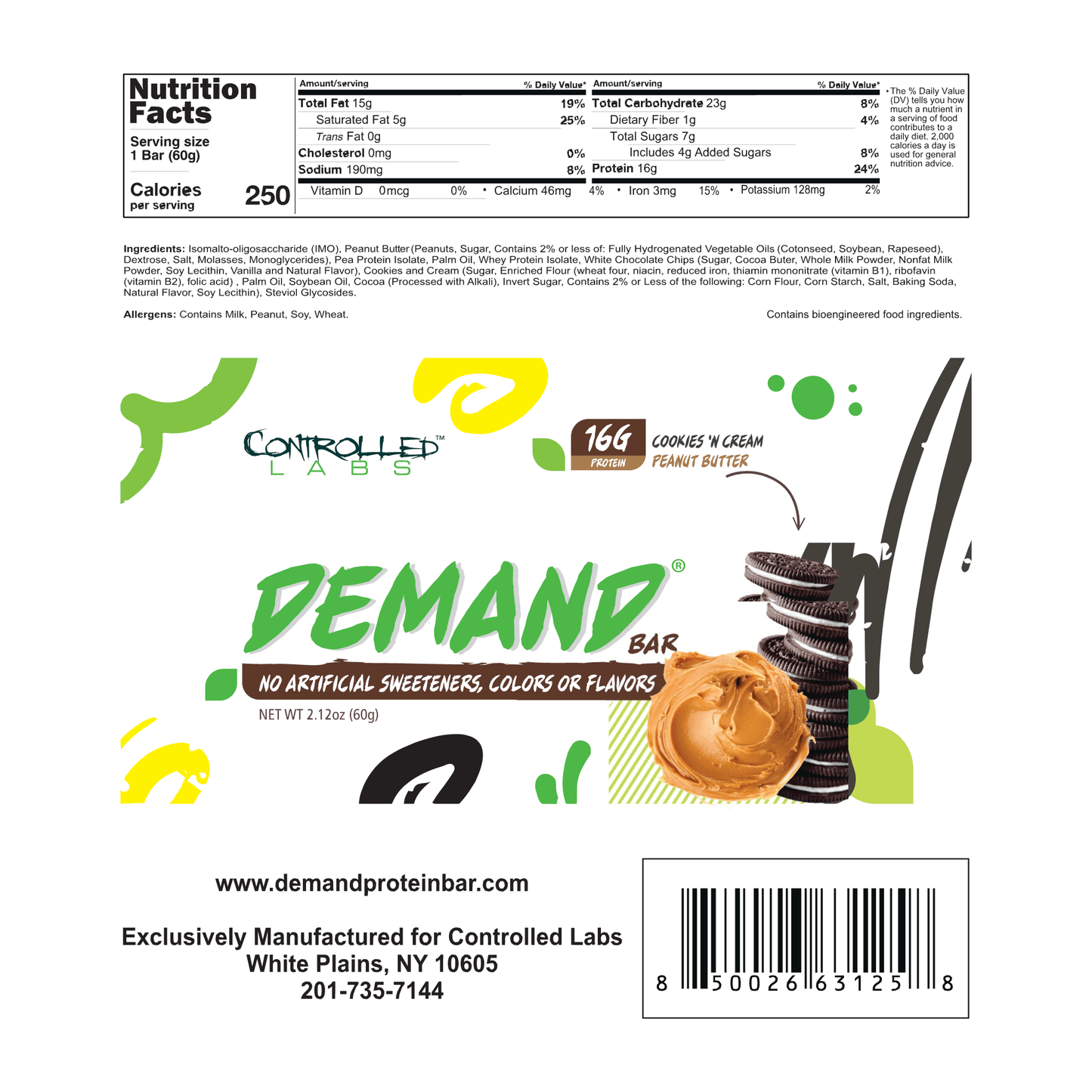 Controlled Labs Demand Protein Bar Cookie 'n' Cream Peanut Butter Nutrition Facts